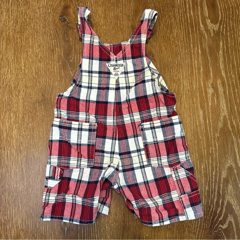 Vintage OshKosh Bgosh Red Polo Bodysuit‎ and Plaid Shortalls 12M